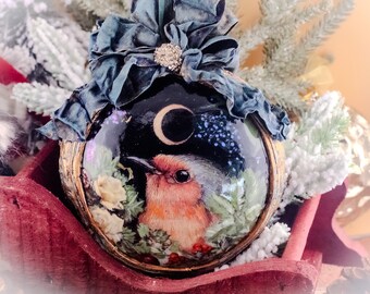 Old World Bird Christmas Ornament, Aged Copper Patina, Winter Botanical Decor