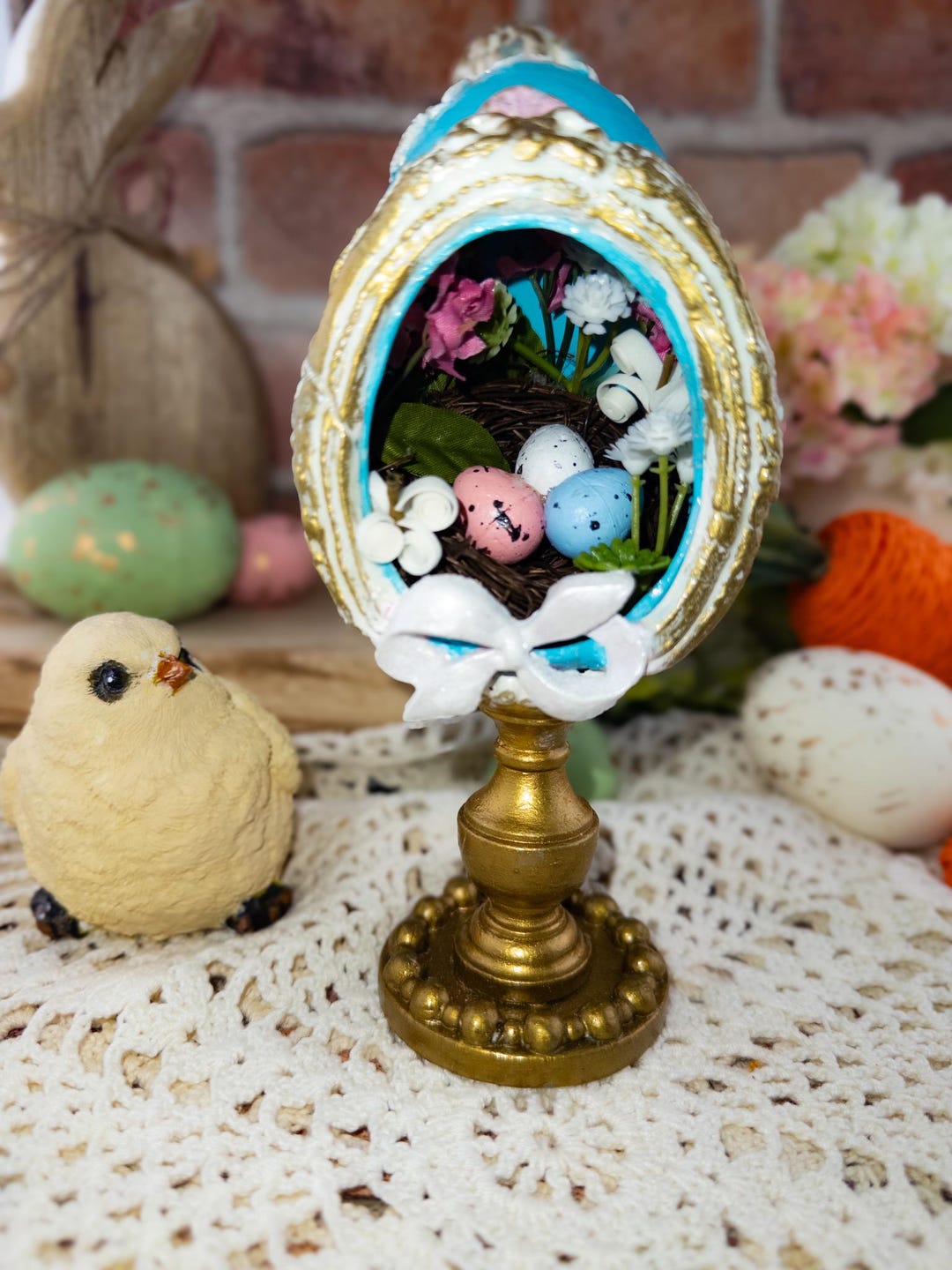 Turquoise Easter Egg Diorama on Antique Gold Stand-ornate Vintage Style ...