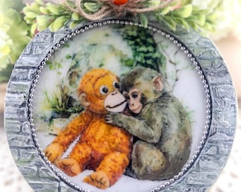 Handmade Monkey "Punch "Ornament-Inspirational Decoupage Zoo Monkey with Orangutan-Courage & Comfort Gift