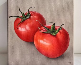 アンティーク品　絵画　油絵　トマト リアルな油絵トマト：オリジナルの小さなキャンバスキッチンアート