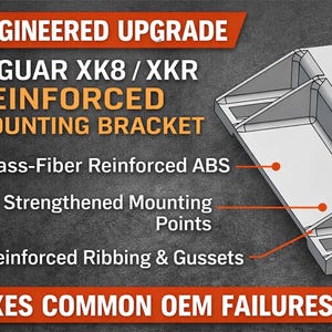 May include: A diagram of a reinforced mounting bracket for Jaguar XK8/XKR vehicles. The text highlights features like glass-fiber reinforced ABS, strengthened mounting points, and reinforced ribbing and gussets. The bracket is designed to fix common OEM failures.