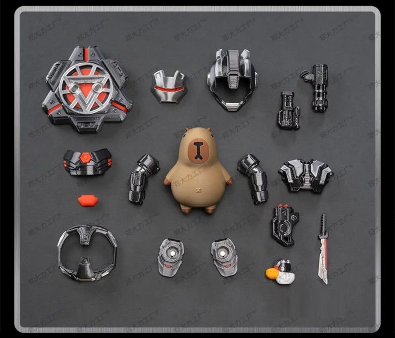 May include: A selection of miniature action figure components and a capybara figurine. The parts include armour pieces, weapons, and a shield, in shades of grey, black, red, and silver. The capybara is tan with a yellow letter "I".