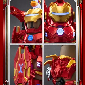 May include: A red and gold action figure resembling Iron Man, with a duck head. The figure has a gold helmet and chest plate, with blue and white accents. The image is divided into four sections, showcasing different angles of the figure.