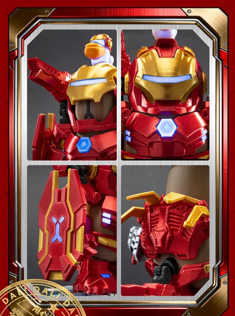 May include: A red and gold action figure resembling Iron Man, with a duck head. The figure has a gold helmet and chest plate, with blue and white accents. The image is divided into four sections, showcasing different angles of the figure.