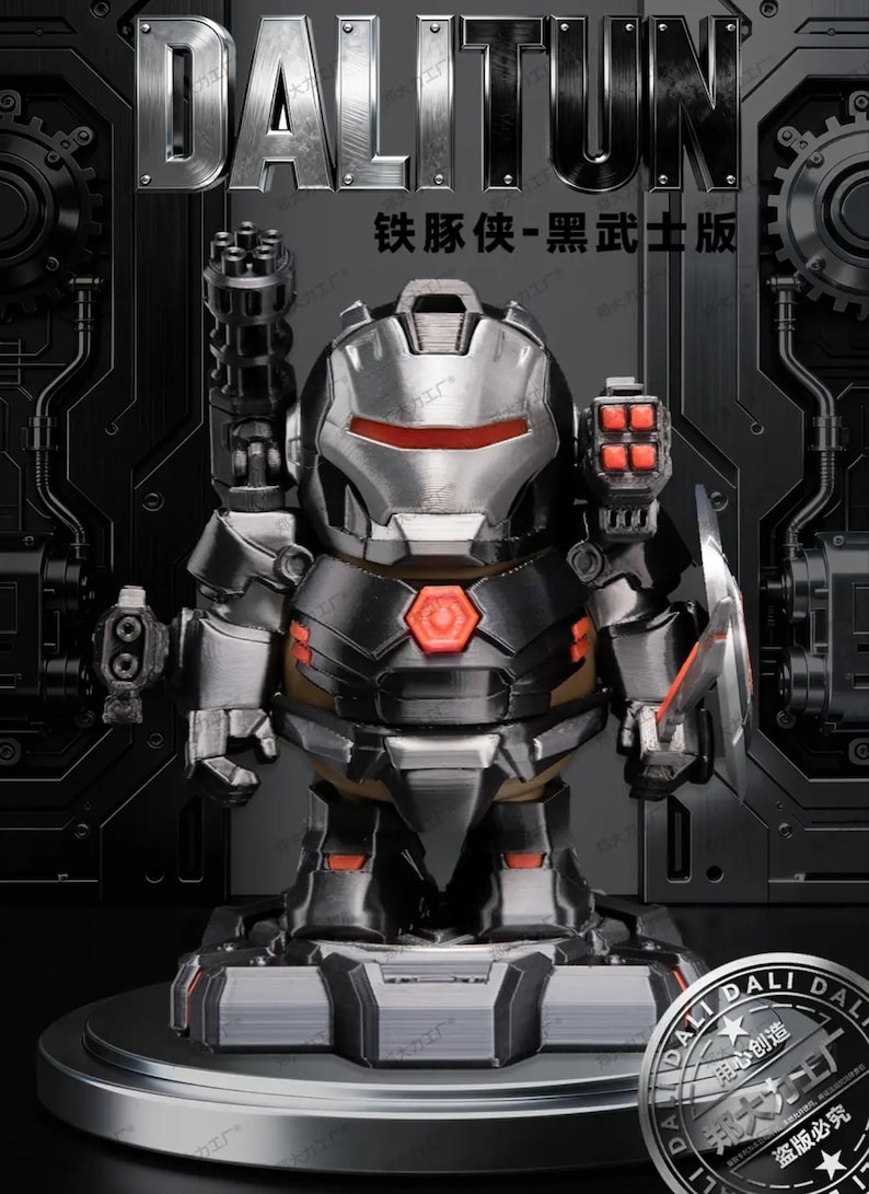 May include: A black and silver action figure of a character from the "Iron Pig" series, with the text "DALITUN" at the top. The figure has a red and silver helmet and is posed on a gray base. The figure has a gun on its left arm.