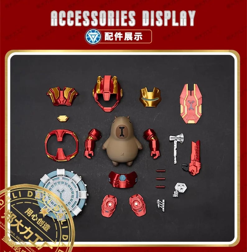 May include: A selection of Iron Man-themed accessories and a capybara figurine are arranged on a dark surface. The accessories are red and gold, including a helmet, chest piece, and arm pieces. The text "ACCESSORIES DISPLAY" is at the top.