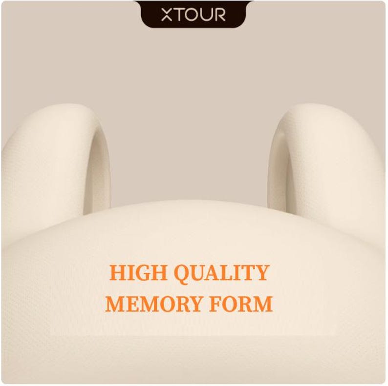 May include: Cream-colored, rounded headrest with two upright ear-like supports. The text "HIGH QUALITY MEMORY FORM" is printed in orange. The brand name "XTOUR" is in a brown rectangle at the top.