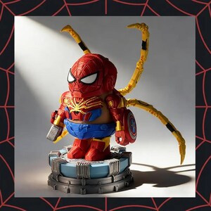 May include: A red and gold Spider-Man figure with yellow mechanical arms and a shield. The figure is on a blue and gray platform. The figure has a red mask with white eyes and a blue abdomen.