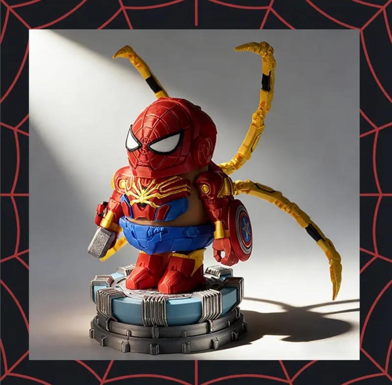 May include: A red and gold Spider-Man figure with yellow mechanical arms and a shield. The figure is on a blue and gray platform. The figure has a red mask with white eyes and a blue abdomen.
