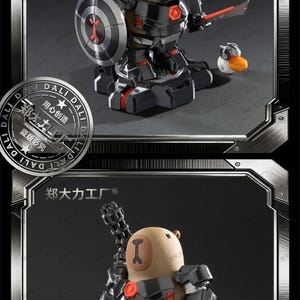 May include: Two toy figures are displayed. One is a robot with a shield and sword, and the other is a bear-like figure with a weapon. Both figures are black and grey with red accents. The figures are in a display case.