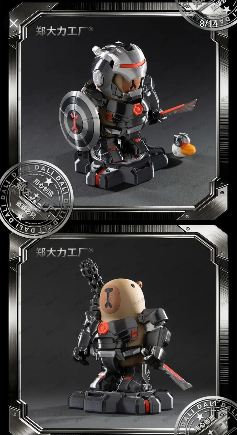 May include: Two toy figures are displayed. One is a robot with a shield and sword, and the other is a bear-like figure with a weapon. Both figures are black and grey with red accents. The figures are in a display case.
