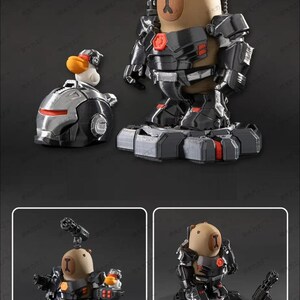 May include: A brown bear figure with an "I" on its chest, wearing a black and red armored suit, and holding a gun. A duck figure in a silver helmet is also present. The figures are on a black base.
