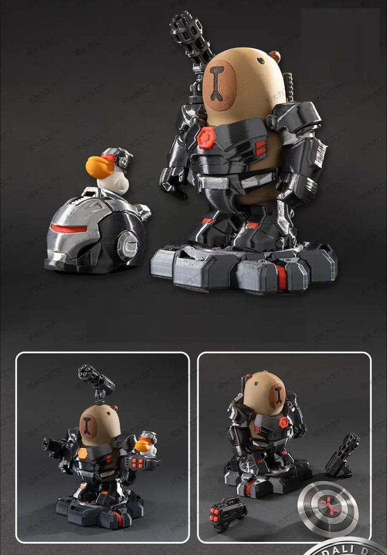 May include: A brown bear figure with an "I" on its chest, wearing a black and red armored suit, and holding a gun. A duck figure in a silver helmet is also present. The figures are on a black base.