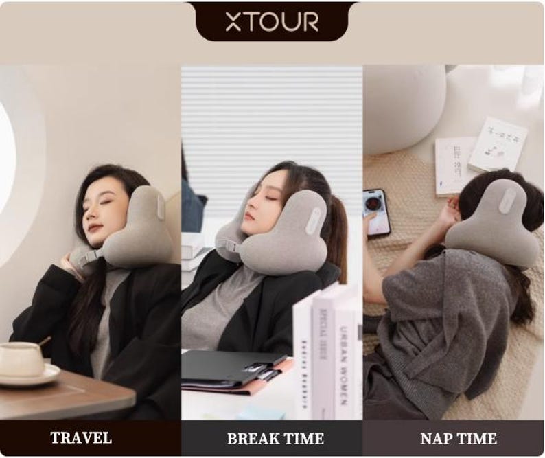 May include: A gray travel pillow is shown in three different settings: travel, break time, and nap time. The pillow is being used by a person in each scene. The pillow has a unique shape and appears to be made of a soft material.