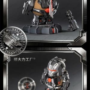 May include: Two images of a toy figure with a duck head and a robotic body. The figure is mainly black and grey with red accents. The figure is surrounded by miniature weapons and accessories. The text "郑大力工厂" is visible.