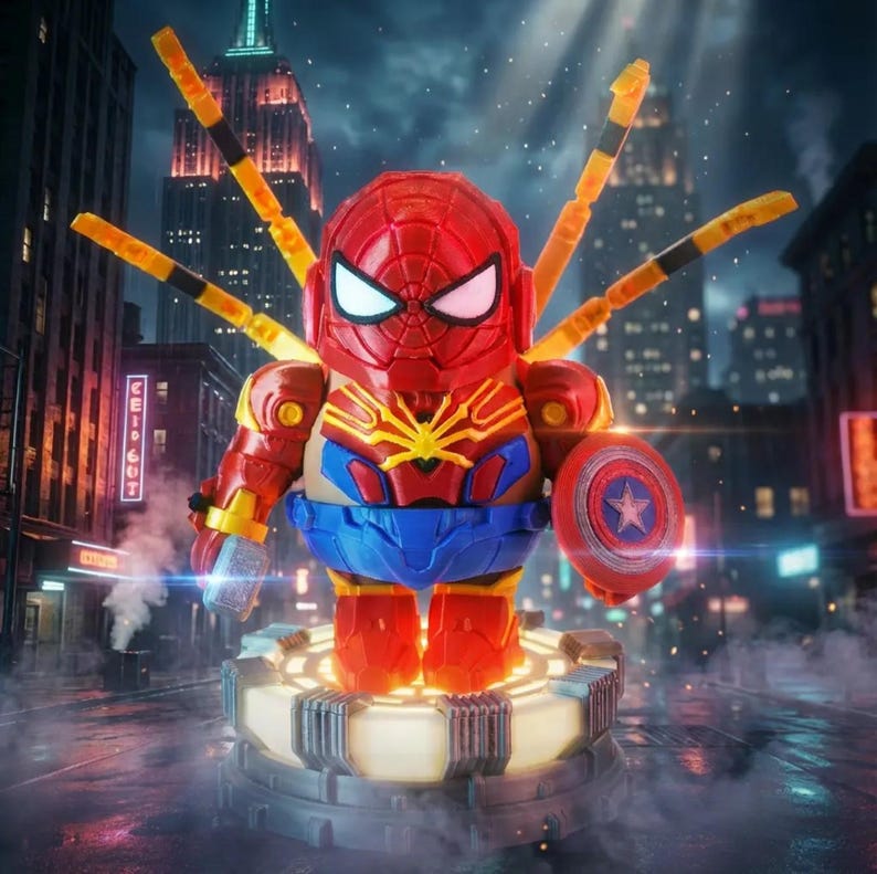 May include: A red and yellow Spider-Man action figure with a Captain America shield. The figure has a blue waist and is standing on a circular platform. The background shows a city skyline at night.