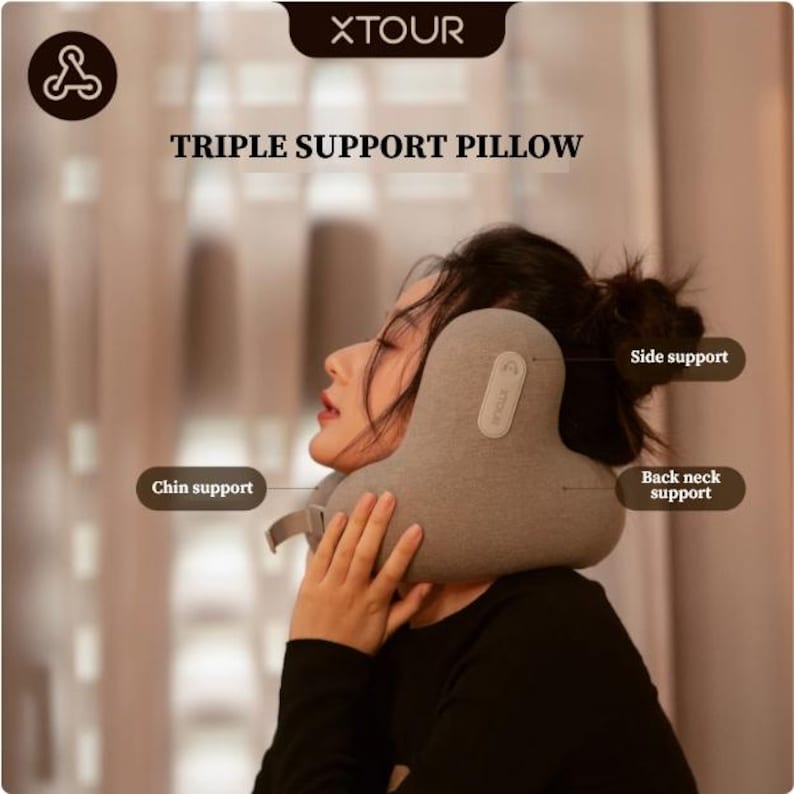 May include: A gray triple support pillow with chin, side, and back neck support. The pillow is being held by a person. The text "TRIPLE SUPPORT PILLOW" is visible at the top of the image.
