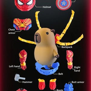 May include: A disassembled toy set featuring a tan capybara figure with various superhero-themed accessories. Includes a red Spider-Man helmet, chest armor, shield, backpack, belt, boots, and butt armor. The set also has a hammer and web launcher.