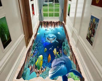 3D Floor Sticker, Sea creatures & dolphins, Self-Adhesive Vinyl, Water Resistant, 100 x 60 cm