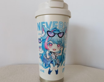 May include: A cream-colored travel tumbler with a matching lid, featuring a graphic of an anime-style character with blue hair, cat ears, and sunglasses. The design includes the text NEVER and LOVE, along with small icons of glasses and eyes.