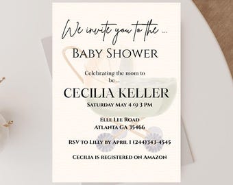 Uitnodiging babyshower: kinderwagen/zachtbeige jongen