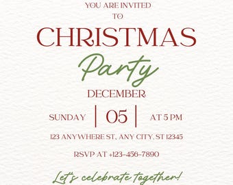 May include: A Christmas party invitation with a white background and festive green and red accents. The text includes "CHRISTMAS Party" and event details. Decorative greenery borders the top and bottom.