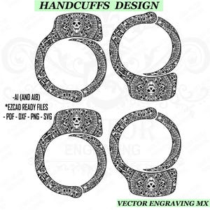 May include: A black and white vector design featuring four handcuffs with detailed patterns and a skull design. The image includes the text "HANDCUFFS DESIGN" and file type information such as PDF, DXF, PNG, and SVG.