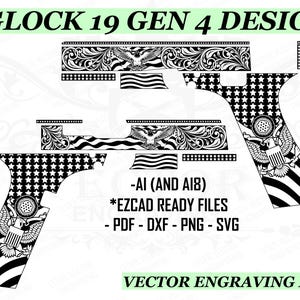 Puede incluir: Diseño vectorial en blanco y negro para una Glock 19 Gen 4, con un águila, estrellas y rayas. El diseño incluye el texto "GLOCK 19 GEN 4 DESIGN", "-AI (AND A18)", "*EZCAD READY FILES", "- PDF - DXF - PNG - SVG" y "VECTOR ENGRAVING MX".