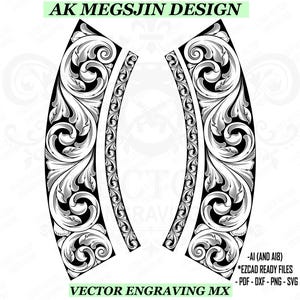 May include: Black and white vector engraving design elements with floral scrollwork. The image includes the text "AK MEGSJIN DESIGN" and "VECTOR ENGRAVING MX". Ready-to-use files are available in AI, PDF, DXF, PNG, and SVG formats.