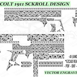Puede incluir: Diseño vectorial en blanco y negro para una pistola Colt 1911, con intrincados adornos de volutas. El diseño incluye varias partes del arma, con patrones florales y ornamentales detallados. El texto en la parte superior dice "COLT 1911 SCKROLL DESIGN".