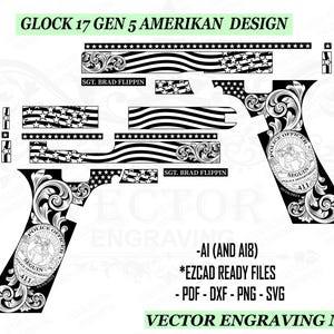 Puede incluir: Diseño vectorial en blanco y negro de una pistola Glock 17 Gen 5 con temática de la bandera estadounidense. El diseño incluye el texto "SGT. BRAD FLIPPIN" y "POLICE OFFICER SEGUIN 411". La imagen también incluye el texto "VECTOR ENGRAVING MX".