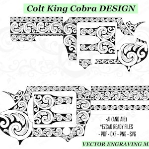 Puede incluir: Diseño vectorial en blanco y negro de un revólver Colt King Cobra, con intrincados adornos. El diseño incluye el texto "Colt King Cobra DESIGN" e información sobre el tipo de archivo: AI, PDF, DXF, PNG, SVG. También está presente el texto "VECTOR ENGRAVING MX".