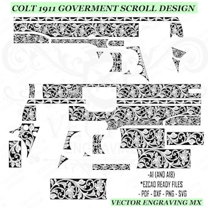 Puede incluir: Diseño vectorial en blanco y negro para un grabado Colt 1911 Government. El diseño presenta volutas florales y está disponible en formatos AI, PDF, DXF, PNG y SVG. El texto "COLT 1911 GOVERMENT SCROLL DESIGN" está en la parte superior.