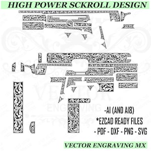 Puede incluir: Diseño vectorial en blanco y negro de componentes de armas de fuego con adornos de volutas. La imagen incluye el texto "HIGH POWER SCKROLL DESIGN", "-AI (AND AIB)", "*EZCAD READY FILES", "- PDF - DXF - PNG - SVG" y "VECTOR ENGRAVING MX".