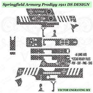 Puede incluir: Diseño vectorial en blanco y negro para un Springfield Armory Prodigy 1911 DS. El diseño incluye varias piezas de armas con patrones florales y de cruces. El texto incluye "SERNA" y "VECTOR ENGRAVING MX".