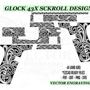 Puede incluir: Diseño vectorial en blanco y negro para una Glock 43X, con un patrón de desplazamiento. El diseño incluye varios componentes del arma de fuego, con el texto "GLOCK 43X SCKROLL DESIGN" en la parte superior. La imagen también enumera formatos de archivo: PDF, DXF, PNG y SVG.