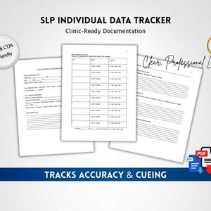 May include: A collection of white paper documents with text, including "SLP INDIVIDUAL DATA TRACKER" and "TRACKS ACCURACY & CUEING." The documents are arranged on a light gray background, with a gold checkmark icon and a PDF/DOC icon.