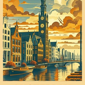 Op de afbeelding: Een geïllustreerde reisposter van Amsterdam, Nederland. De afbeelding toont een gracht met boten, gebouwen en een klokkentoren. De lucht is gevuld met wolken en een grote maan. De tekst "AMSTERDAM NETHERLANDS" staat onderaan.