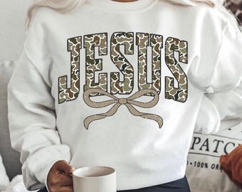 Jesus Camo Bow Sweatshirt, Christian Faith-Based Apparel