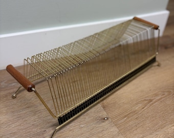 Vintage Mid Century Record Rack Brass Tone Wire Vinyl Album Holder Numbered LP Organizer Wood Handles