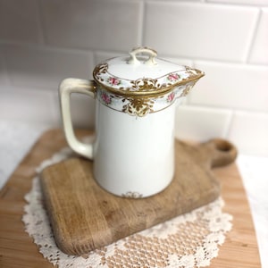 Antique Nippon Hand Painted Porcelain Chocolate Pot, Floral Gold Gilt Coffee Pot
