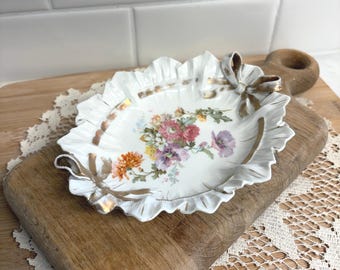 Antique Style Porcelain Bow Dish, Floral Ruffled Vanity Tray, Gold Gilt Handled Trinket Dish, Romantic Cottage Decor