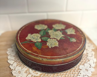Vintage Red Rose Tin Box, 1930s-1940s Floral Metal Storage, Cottagecore Vanity Keepsake