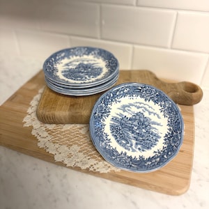 Set of 6 English Village Blue Transferware Plates, Salem China Olde Staffordshire Ironstone