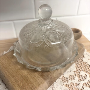 Vintage Pressed Glass Covered Butter Dish Cheese Dome Clear Glass Floral Pattern Ball Knob