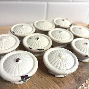 Vintage Wood Sunburst Drawer Knobs, Chippy White Farmhouse Cabinet Hardware