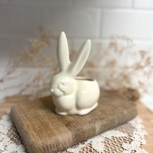 May include: A cream-colored ceramic rabbit figurine designed as a small planter or container. The rabbit is depicted in a seated position with long, upright ears and a smooth, glossy finish. The hollow opening is located on the rabbit's back.