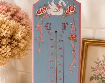Vintage Swan Floral Wall Thermometer, Pastel Blue Pink Cottagecore Decor