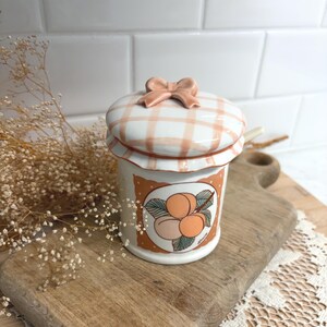Vintage Josef Originals Korea Lorrie Peach Jam Jar with Spoon | Peach Gingham Covered Pot | Cottagecore Kitchen Decor | Ceramic Honey Pot