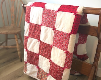 Vintage Hand-Tied Patchwork Quilt: Red Cream Checkerboard Bedspread (92x86)